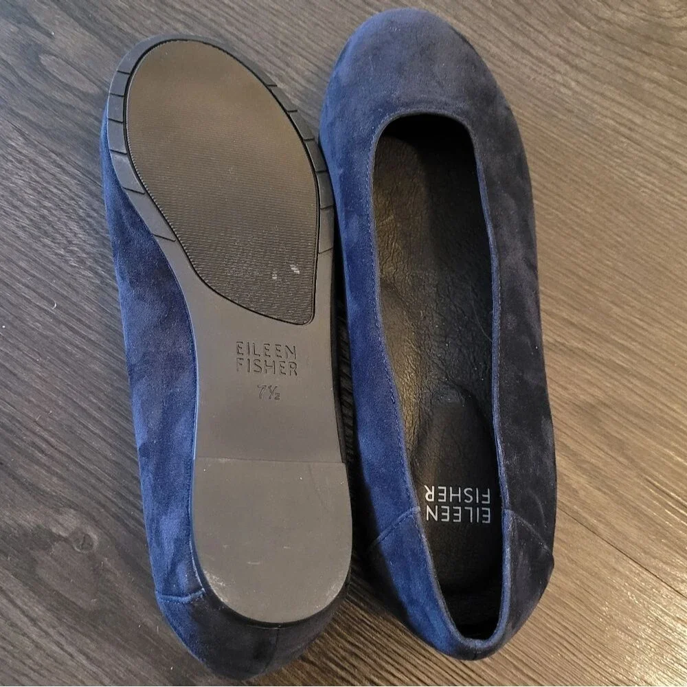 Eileen Fisher Una 2 Navy Blue Suede Flats 7.5 Minimalist Comfort Slip On Wedge